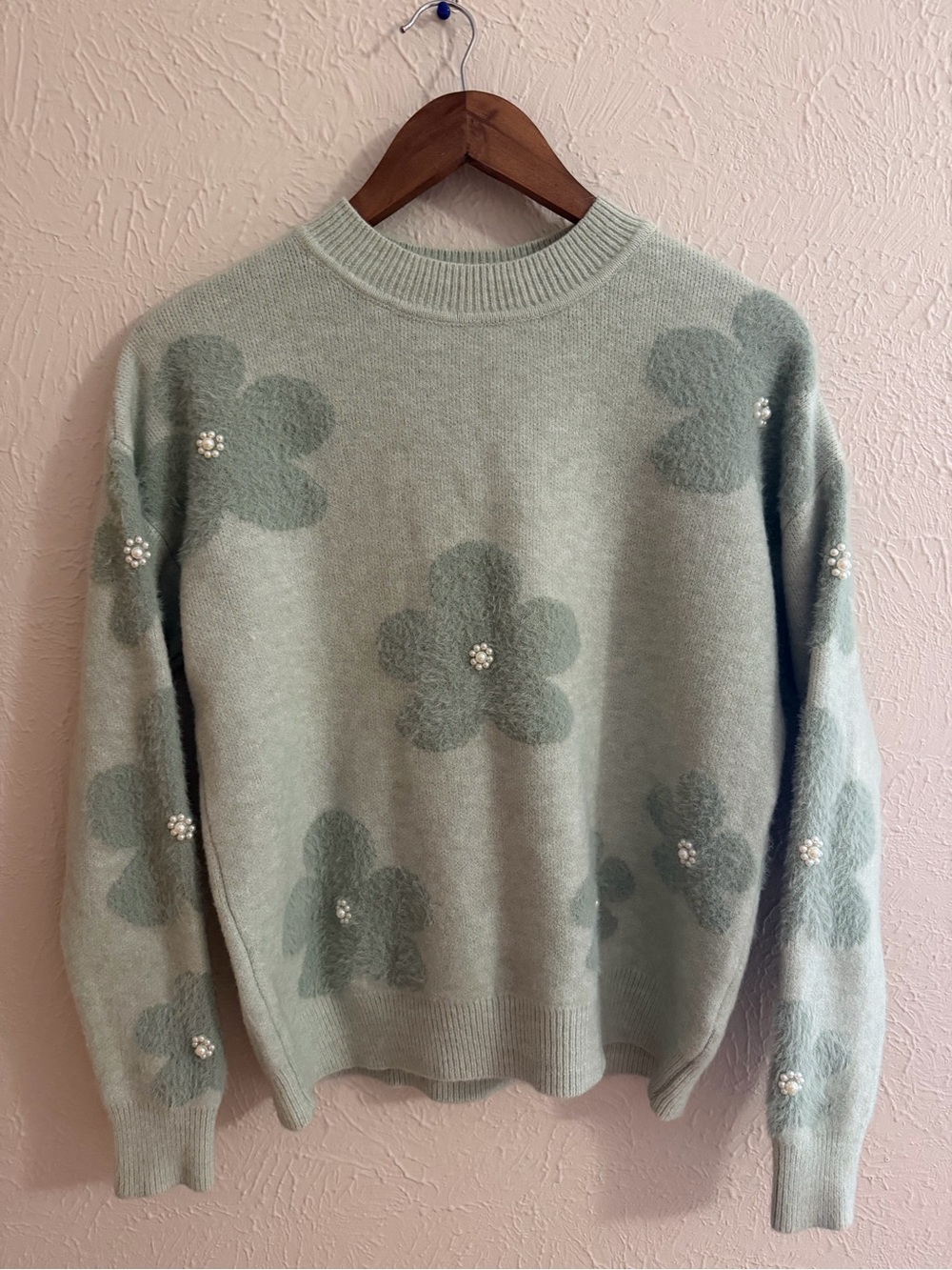 Nanette Lepore Retro Pearl Floral Sweater Light Sage Green Pullover Size Small